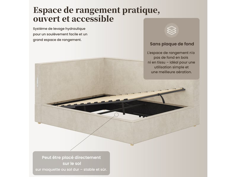  Lit coffre 140x190 cm, sommier inclus, rangement hydraulique, led, usb et usb-c, chenille beige, sans matelas  - Conforama E