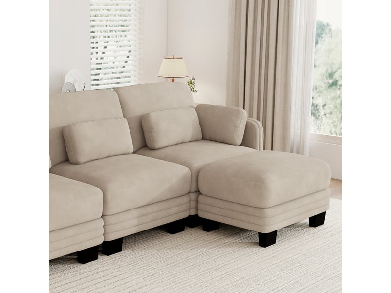  Canapé d'angle modulaire 3 places en tissu chenille marron clair avec pouf assorti, coussins inclus, assise profonde  - Conforama W