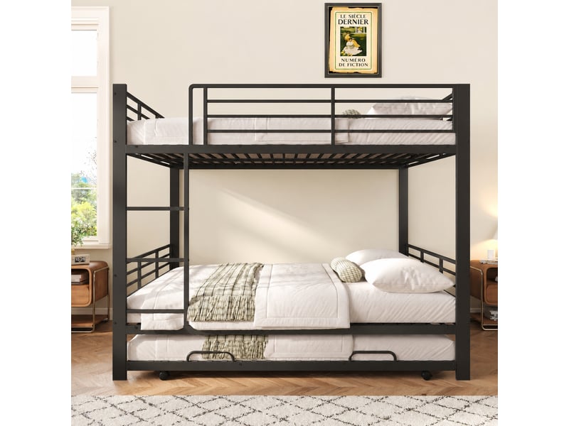  Lit superposé métal noir 140 x 200 cm avec lit gigogne, échelle et barrière haute  - Conforama B