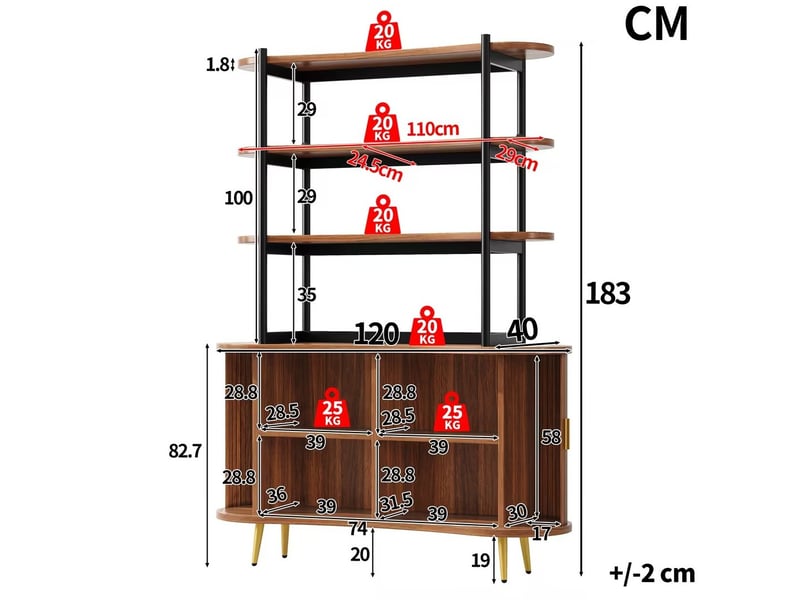 Buffet avec 2 portes coulissantes et 4 étagères ouvertes, rangement pour cuisine et salle à manger en mdf bois foncé - Conforama C