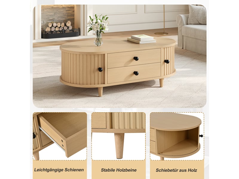  Table basse bois clair avec portes coulissantes, table de salon avec 2 tiroirs et pieds en bois massif, 100x50x36 cm  - Conforama C