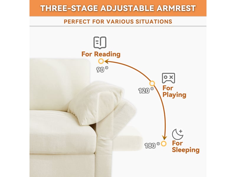 Canapé d'angle modulable ul 4-6 places 284x156,5x86 cm, style nuage, 2 poufs, accoudoirs réglables, 6 coussins, chenille beige - Conforama E