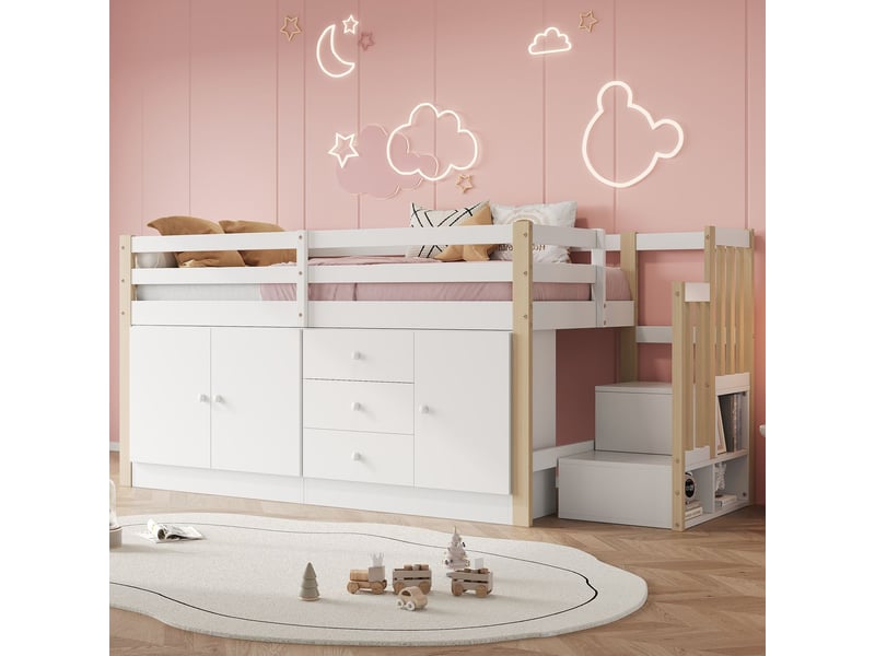 Lit superposé enfant - 90x200 cm - escalier, penderie, tiroirs - lit superposé - multifonction avec rangement blanc - Conforama B