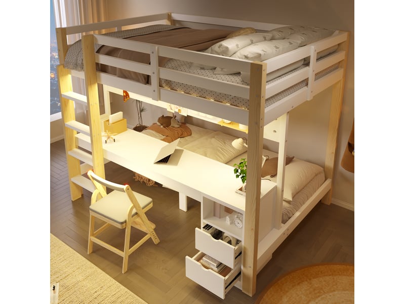  Lit mezzanine modenvie 90x200 cm et 140x200 cm en pin avec bureau, tiroirs, panneau perforé et led, blanc naturel  - Conforama B