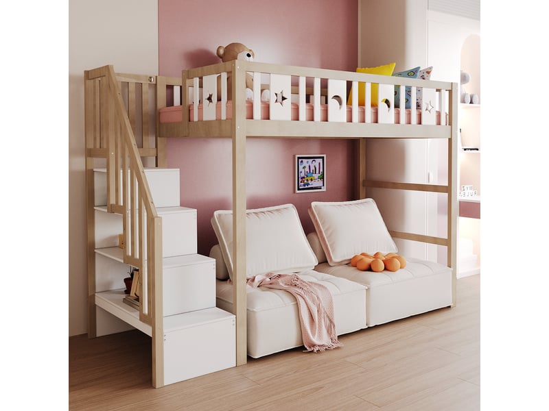  Lit mezzanine 90x200 en bois massif avec échelle, rangements et barrière de sécurité  - Conforama D