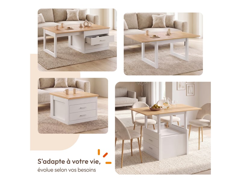  Table basse extensible et relevable en table à manger amaya 120 cm 2 modules avec 2 tiroirs blanc et bois  - Conforama C