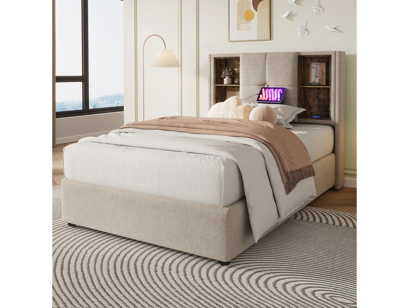  Lit coffre adulte 90x200 cm – naturel – recharge sans fil, usb-c, rangement à vérins et matelas inclus  - Conforama B