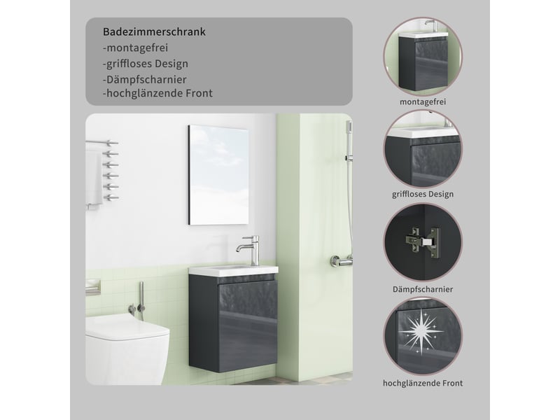  Meuble sous vasque mural avec miroir, vasque en céramique, porte sans poignées et fermeture amortie, salle de bains, 40 cm  - Conforama E
