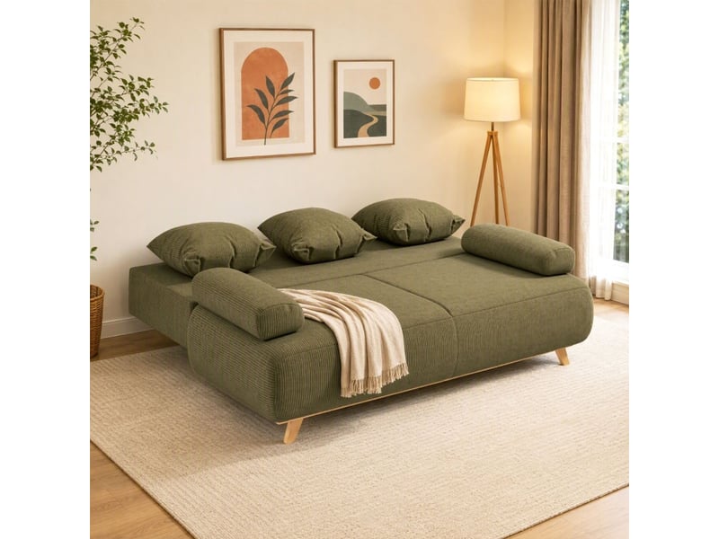  Canapé-lit vert foncé à revêtement côtelé dossier réglable fonction lit rangement dissimulé couchage d'appoint  - Conforama B
