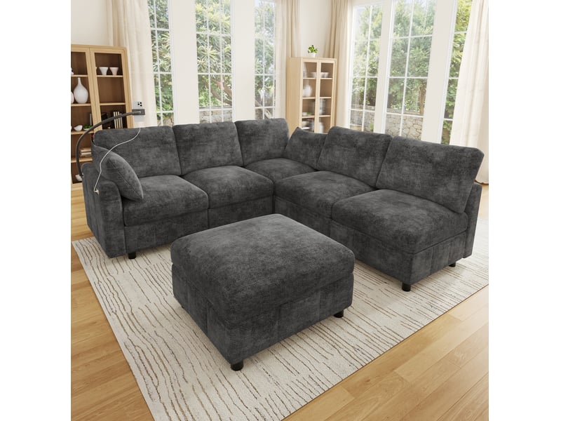  Canapé d'angle modulable 6 places 218x157x85 cm chenille gris  - Conforama W