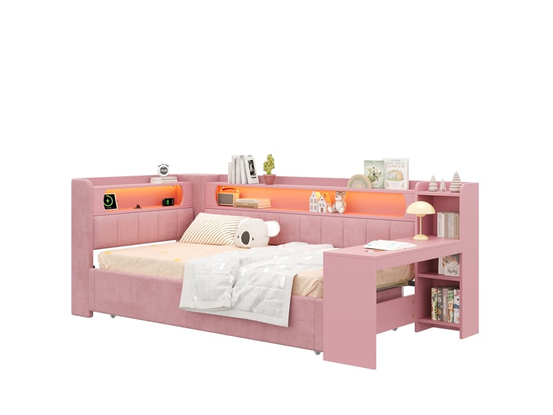  Lit jeune, lit gigogne 90x200180x200, avec bureau, led et usb en mdf, coloris rose  - Conforama A