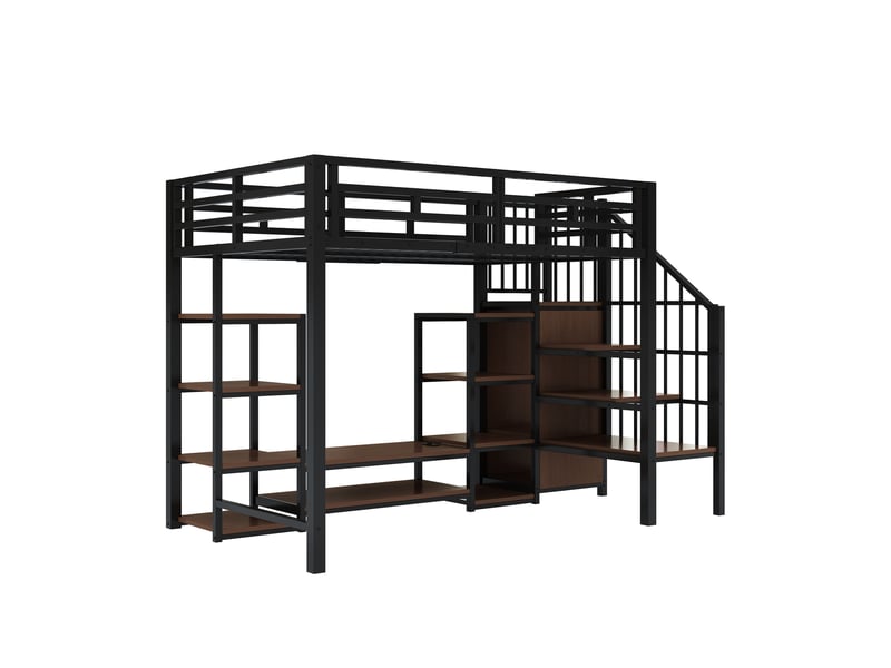  Lit mezzanine 90x200 support télévision, prise intégrée, échelle sécurisée, gain de place, métalmdf, noir sans matelas  - Conforama E