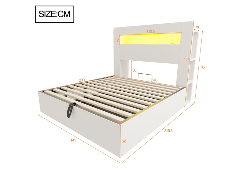  Cadre de lit bois 140*200 avec coffre hydraulique, tête led, prises et rangements, coloris blanc  - Conforama B