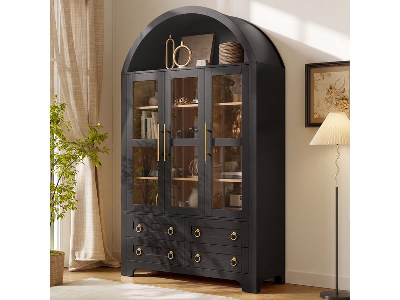  Buffet et armoire de salon avec 3 portes, 4 tiroirs et niche ouverte en arche, vaisselier avec poignées en aluminium, panneaux et mdf  - Conforama E