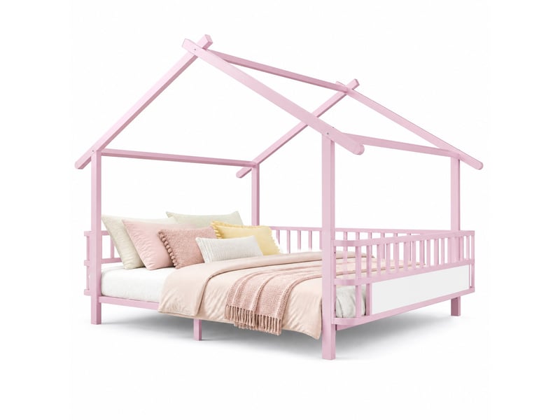  Lit enfant cabane en métal 140 x 200 cm avec barrières de sécurité, rose  - Conforama A