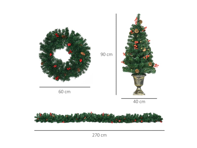  Décorations de noël, ensemble de 4 pièces comprenant 2 sapins de noël φ40x90 cm, une guirlande de noël et une couronne de noël  - Conforama E