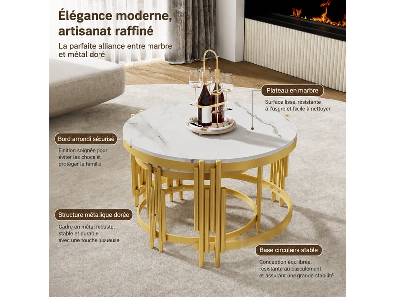  Ensemble de 2 tables basses rondes gigognes effet marbre blanc et métal doré, ø 71,5 et 51,5 cm  - Conforama B