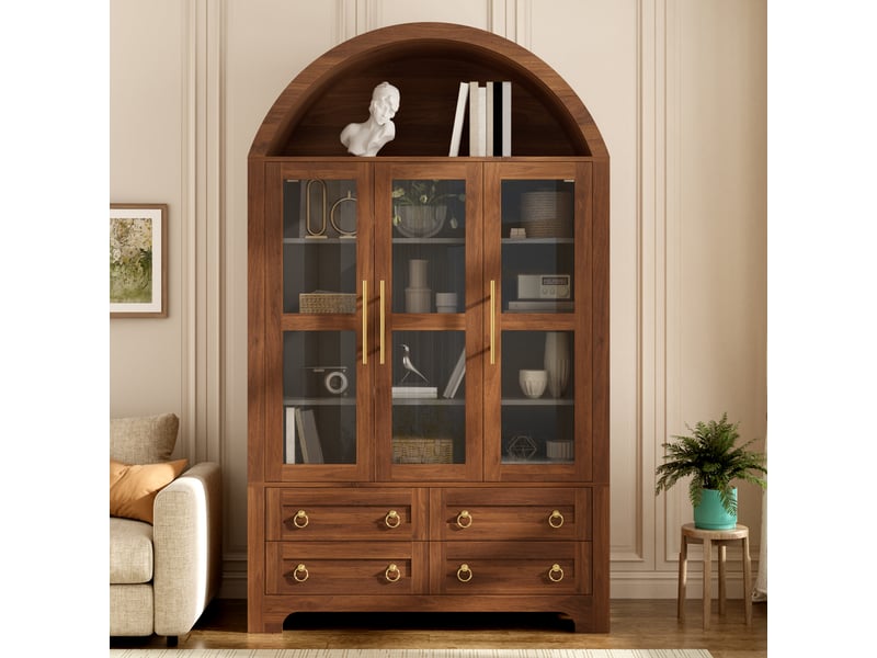 Buffet 110x40x185cm avec 3 portes et 4 tiroirs, niche ouverte arquée, grand rangement, poignées en aluminium, mdf noyer evarich - Conforama B