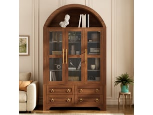 Buffet 110x40x185cm avec 3 portes et 4 tiroirs, niche ouverte arquée, grand rangement, poignées en aluminium, mdf noyer