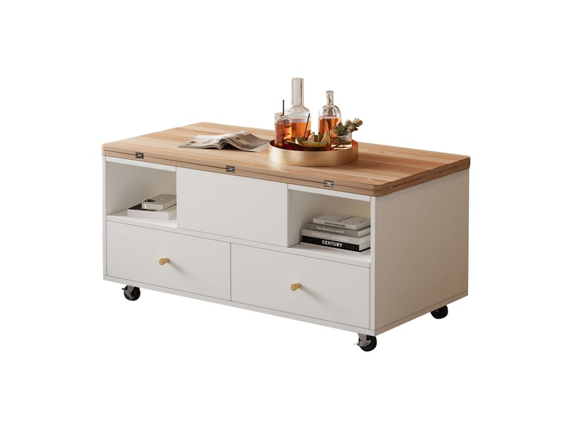  Table basse relevable et pliante avec 4 tiroirs 100 x 50 x 47,5 cm bois naturel et blanc  - Conforama A