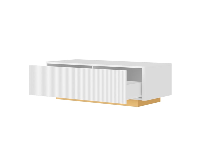  Table basse blanche 110 x 50 x 35 cm avec 2 tiroirs, façade rainurée, rangements ouverts, angles arrondis  - Conforama D