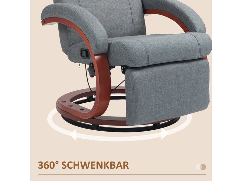 Fauteuil relax inclinable avec repose-pieds, fauteuil tv pivotant à 360°, tissu gris, dossier réglable pour salon - Conforama E
