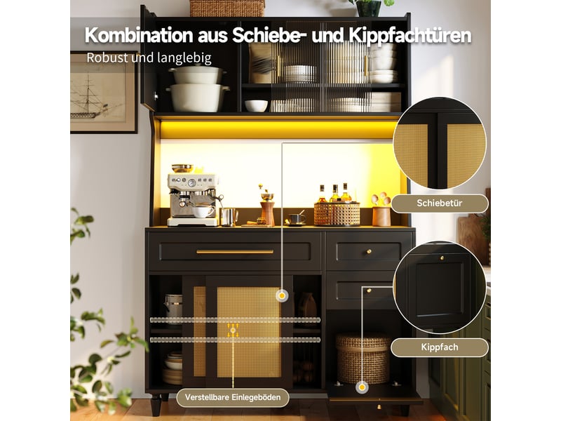  Buffet cuisine 4 portes et 3 tiroirs, 120 x 45 x 195,5 cm, éclairage led, étagères réglables et façades tressées, mdf, noir Morn Vibe - Conforama E