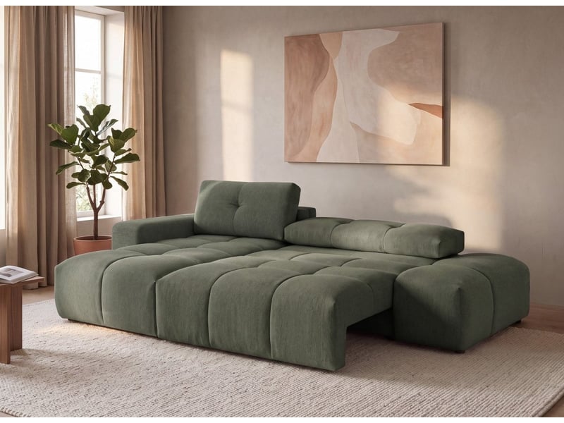  Canapé d'angle convertible avec coffre en tissu texturé vert olive angeline - angle gauche 12390-M3-VEROL - Conforama C