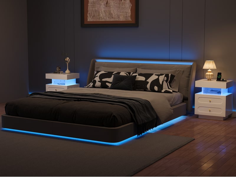  Table de chevet led 100x40x60 cm 2 tiroirs 1 rangement ouvert panneau de particules blanc  - Conforama D