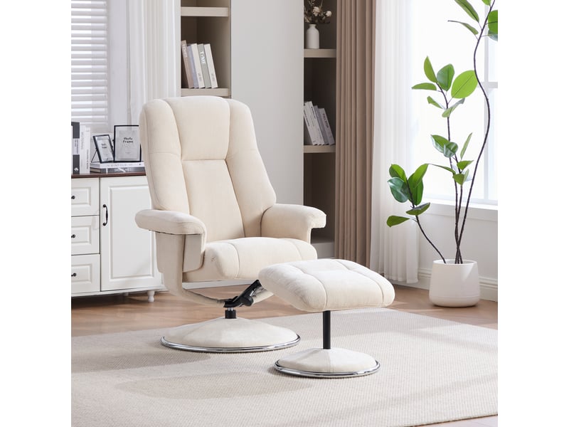  Fauteuil relax pivotant avec repose-pieds, tissu chenille beige, dossier inclinable à 145° pour salon et lecture  - Conforama A