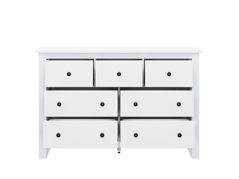 Buffet blanc avec 7 tiroirs de deux tailles, glissières de tiroir et pied central réglable, en panneau de particules - Conforama E