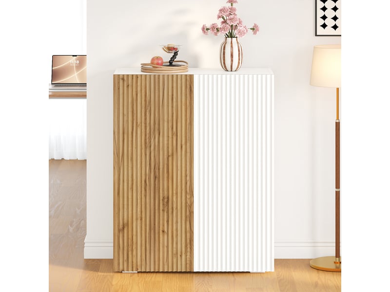  Buffet haut 78x35x110cm, 2 tablettes ajustables, 2 portes rainurées 3d, 3 niveaux de rangement, mdf et panneaux de particules, blanc et effet chêne  - Conforama C
