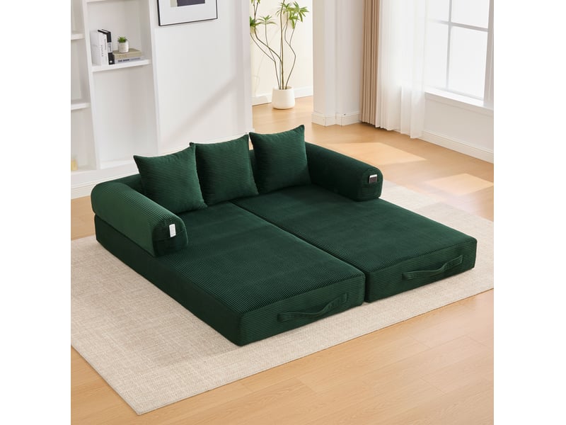  Canapé modulaire 3 places configurable avec poche latérale et 3 coussins en velours côtelé vert émeraude  - Conforama B