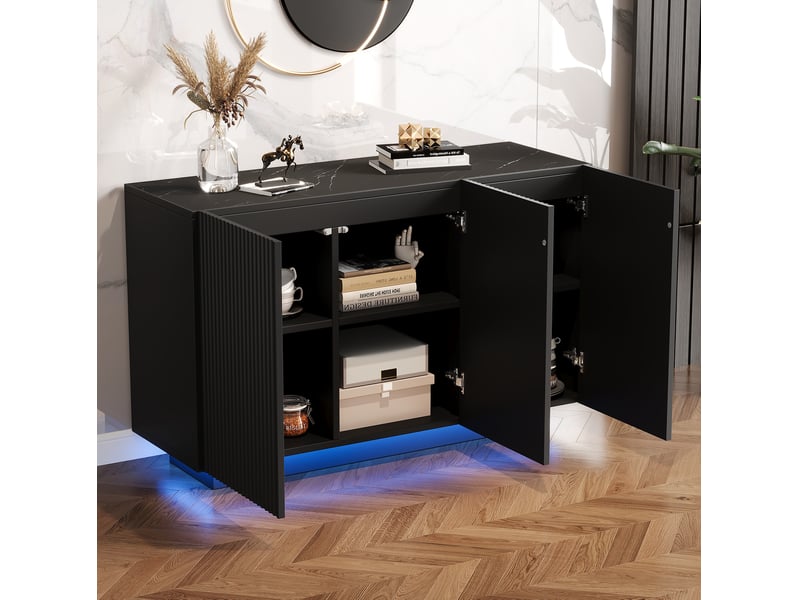Buffet bas 120x40x75 cm noir effet marbre avec led bluetooth et 3 portes - Conforama D