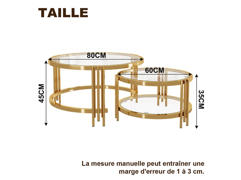  Tables basses gigognes rondes, lot de 2 avec plateaux en verre amovibles et rangement à deux niveaux, doré  - Conforama D