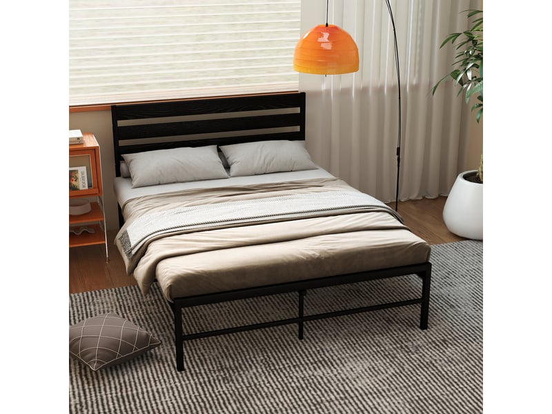  Lit 2 places 140x200 cm noir, tête de lit mdf, sommier à lattes inclus, stable et polyvalent , rangement sous le lit,sans matelas  - Conforama C