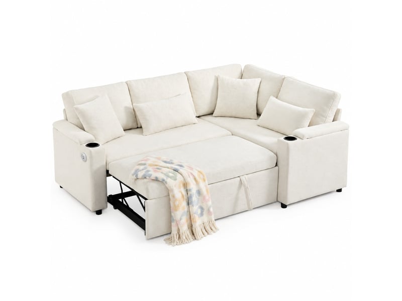  Canapé d’angle convertible 206,5x141x86 cm en chenille avec rangement et port usb beige chicfurn  - Conforama A