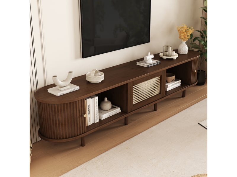  Meuble tv ovale en noyer foncé, pieds réglables, design rotin meuble télé 180 cm design mdf, capacité de charge 30 kg  - Conforama E