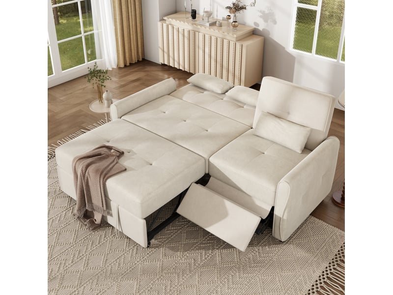 Canapé convertible 3 places avec dossier réglable et assise extensible, repose-pieds et 3 coussins en chenille beige - Conforama D