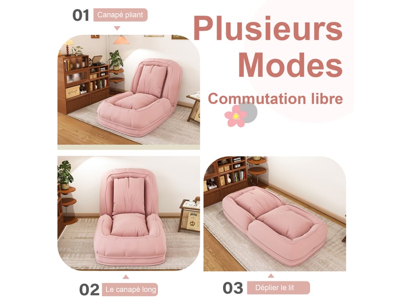 Canapé lit pliable ergonomique rose, dossier réglable 5 positions 90° à 180°, 2 coussins, tissu côtelé. - Conforama D