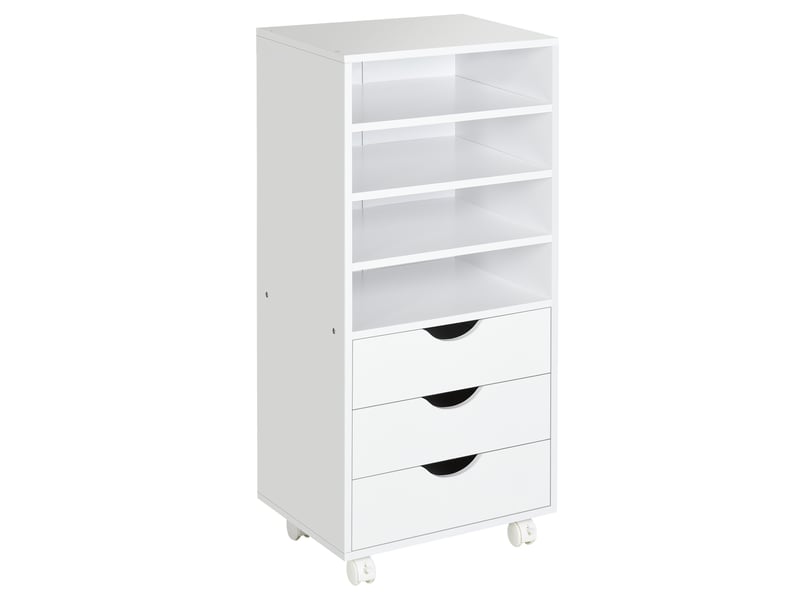  Caisson de bureau à 3 tiroirs et 4 étagères ouvertes, monté sur roulettes, 38 x 40 x 86,8 cm, blanc  - Conforama A