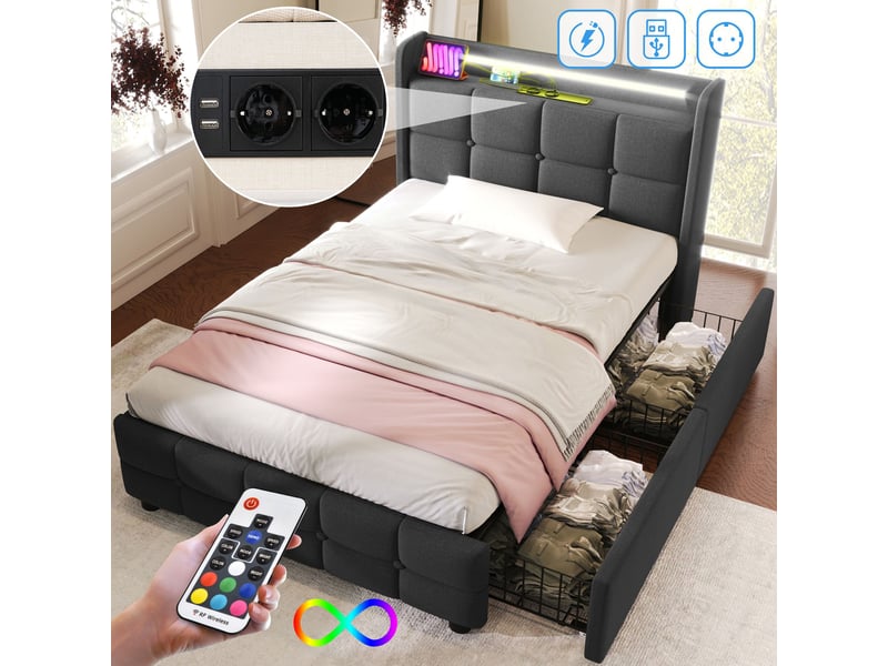 Lit coffre 90x200 cm rembourré, 2 tiroirs de rangement, led et usb intégrés, tête de lit avec étagère, gris - Conforama E