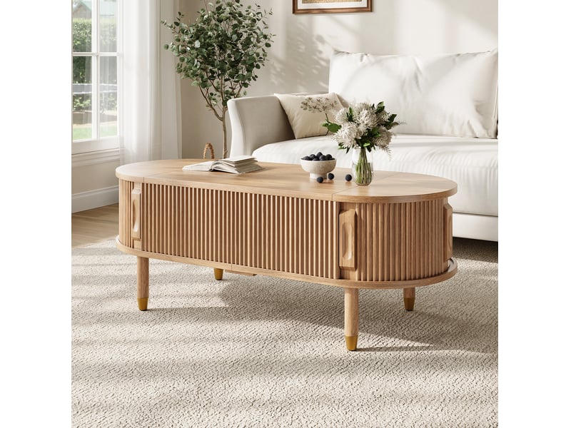  Table basse ovale relevable 110 x 48 cm en mdf, rangement et portes coulissantes  - Conforama D