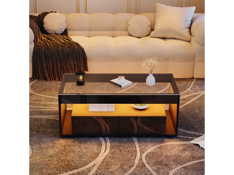 Table basse led noire, table de salon avec 2 tiroirs et double niveau, 100x50x40 cm, verre trempé, noir - Conforama D