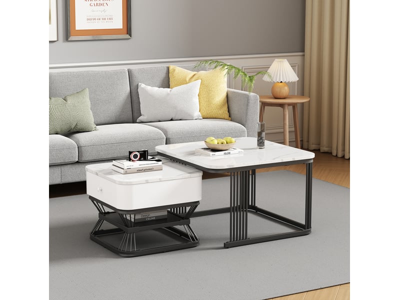  Tables basses gigognes avec 1 tiroir et niche ouverte, plateau brillant effet marbre, pour salon, blanc et noir  - Conforama B