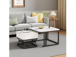 Tables basses gigognes avec 1 tiroir et niche ouverte, plateau brillant effet marbre, pour salon, blanc et noir