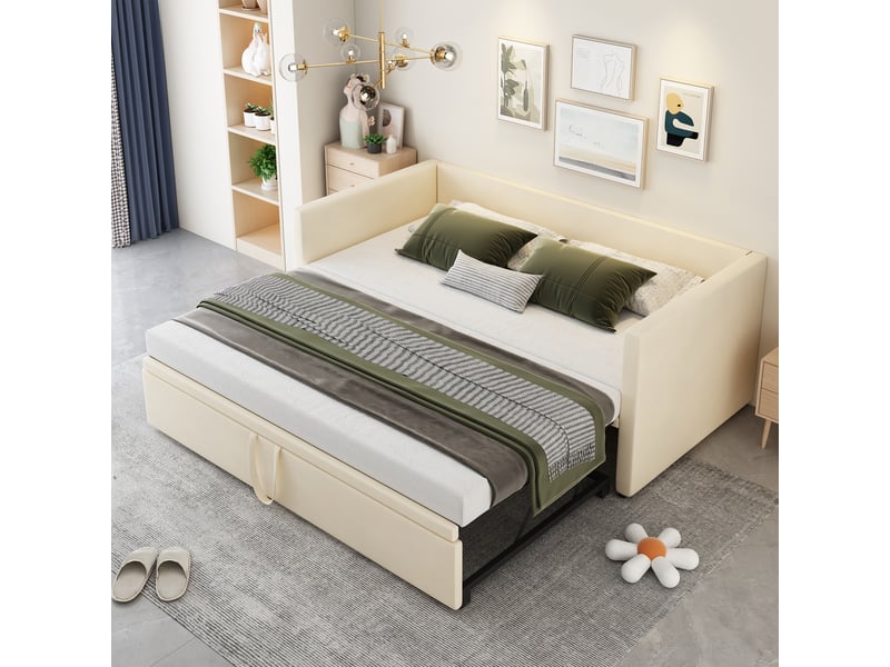 Lit capitonné banquette 90 x 200 cm ,extensible,avec sommier à lattes, velours doux pour la peau, beige - Conforama B