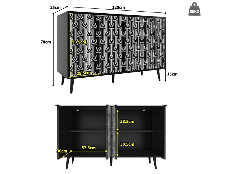 Buffet de rangement 2 portes – motif géométrique noir et blanc – mdf et métal – 120 x 35 x 78 cm - Conforama D