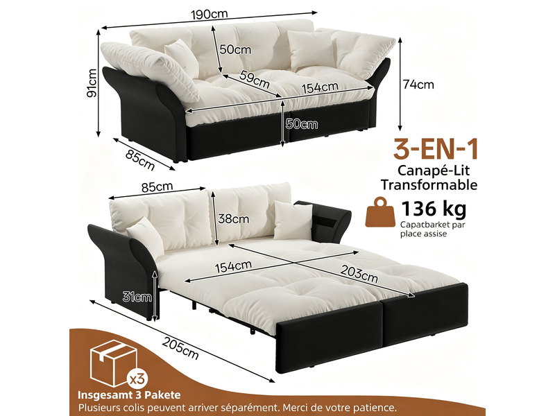  Canapé-lit 3 en 1 190 cm en velours beige avec lit gigogne et 2 coussins pour salon IKSETERA TRADING LTD - Conforama C