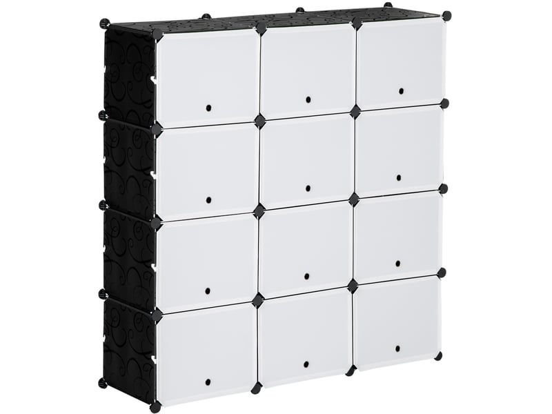  Meuble à chaussures 125 x 32 x 125 cm noir et blanc, plastique et acier, 12 cubes modulables avec portes  - Conforama A